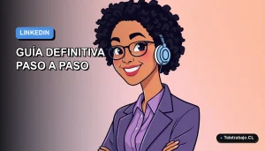 Ilustración plana corporativa de una mujer profesional de teletrabajo sonriente, con fondo degradado azul y naranja, para guía de optimización de perfil LinkedIn.