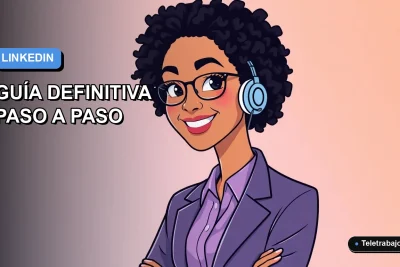 Ilustración plana corporativa de una mujer profesional de teletrabajo sonriente, con fondo degradado azul y naranja, para guía de optimización de perfil LinkedIn.