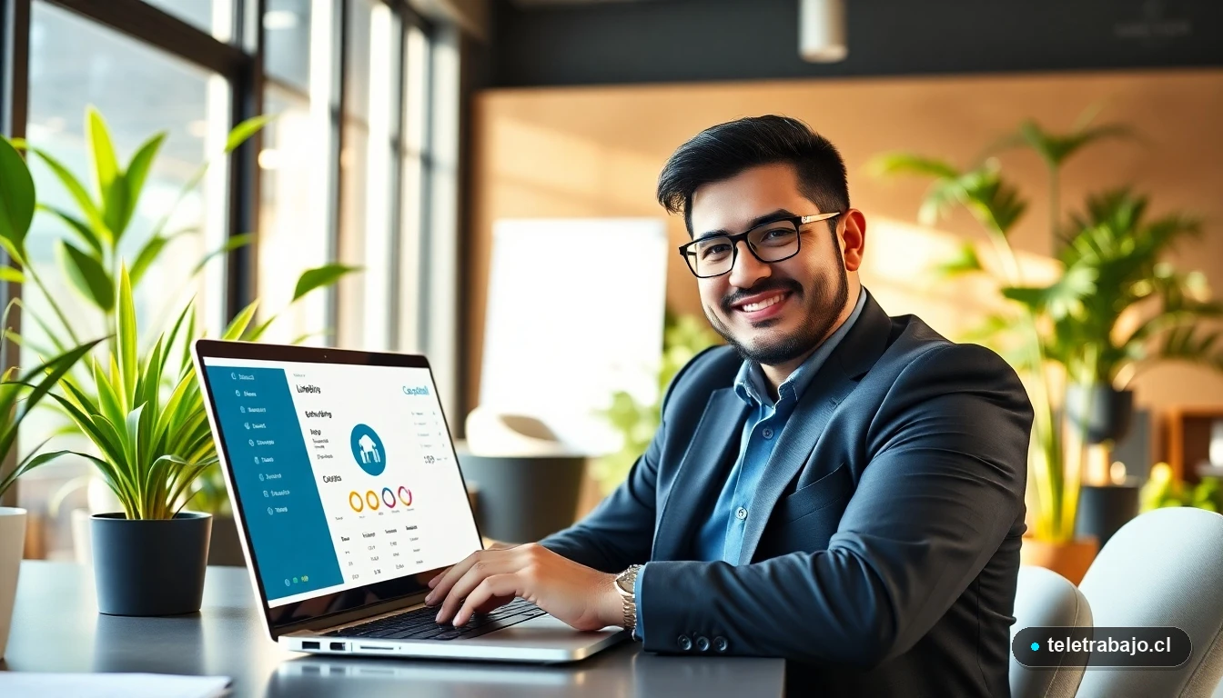 Profesional chileno optimizando su perfil de LinkedIn en una oficina sostenible