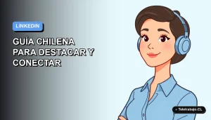 Ilustración plana vectorial de una mujer profesional chilena con blusa azul y pelo corto, sobre un fondo degradado azul claro, representando la optimización del perfil de LinkedIn.