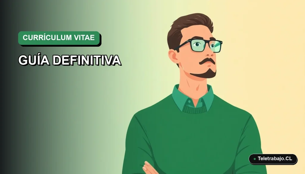 Ilustración plana de un trabajador masculino de tecnología revisando su currículum vitae en pantalla, fondo degradado verde.