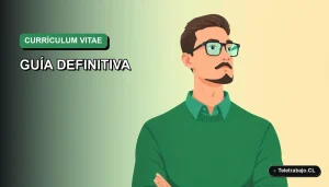 Ilustración plana de un trabajador masculino de tecnología revisando su currículum vitae en pantalla, fondo degradado verde.