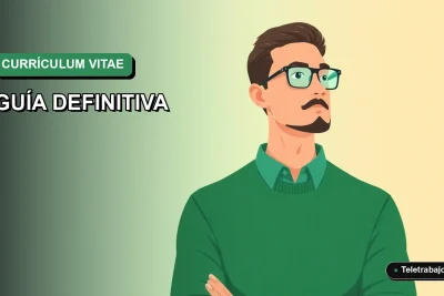 Ilustración plana de un trabajador masculino de tecnología revisando su currículum vitae en pantalla, fondo degradado verde.