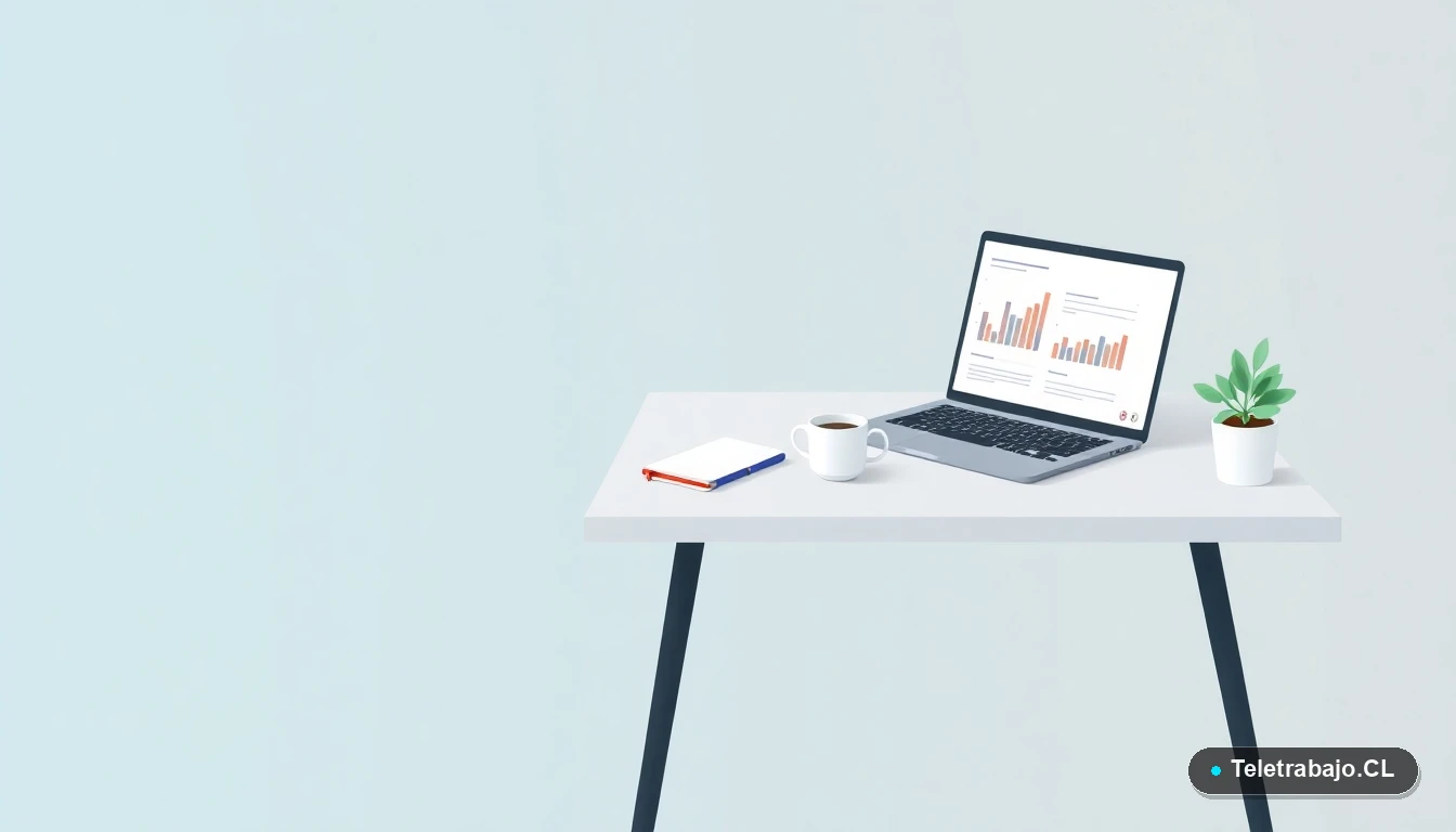 Escritorio moderno minimalista con laptop, gráficos abstractos en pantalla, taza de café y planta, concepto de espacio de trabajo optimizado.