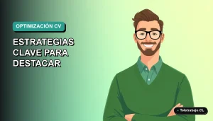 Ilustración vectorial plana de un trabajador masculino de tecnología con suéter verde y camisa, sobre un fondo degradado azul verdoso, representando la optimización del currículum.