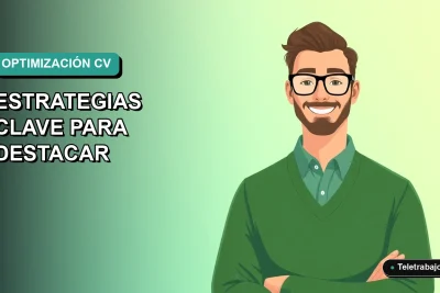 Ilustración vectorial plana de un trabajador masculino de tecnología con suéter verde y camisa, sobre un fondo degradado azul verdoso, representando la optimización del currículum.