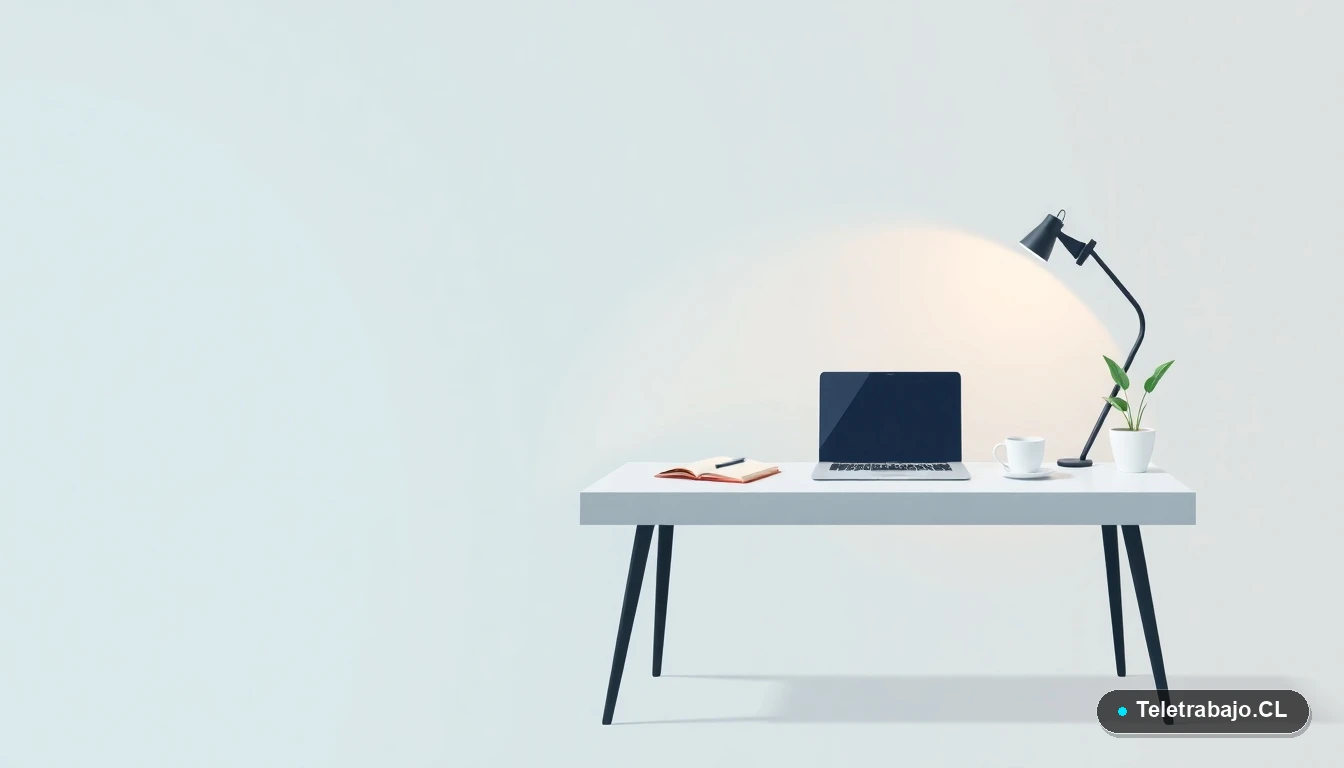 Escritorio moderno y minimalista con laptop, cuaderno, taza de café y una planta, sobre un fondo degradado fresco, simbolizando un espacio de trabajo optimizado para la productividad.