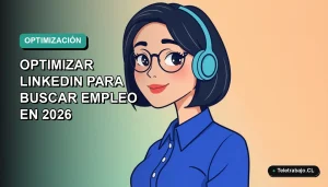 Ilustración plana corporativa de una mujer profesional con blusa azul y corte bob, sobre fondo degradado verde azulado, representando la optimización de perfil de LinkedIn para buscar empleo en 2026.