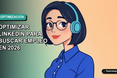 Ilustración plana corporativa de una mujer profesional con blusa azul y corte bob, sobre fondo degradado verde azulado, representando la optimización de perfil de LinkedIn para buscar empleo en 2026.