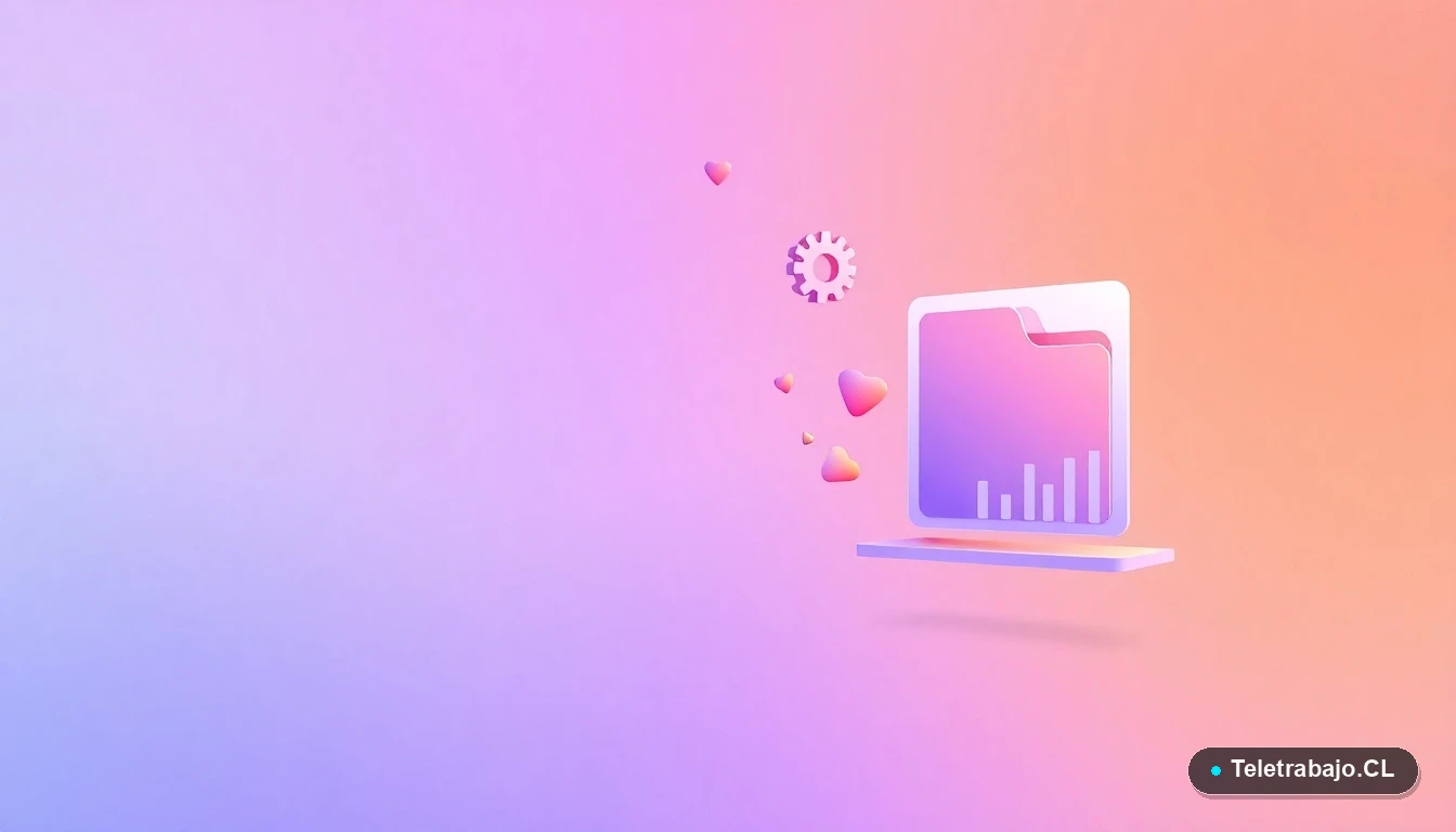 Ilustración abstracta de interfaz de usuario con gráficos flotantes, un engranaje y carpetas estilizadas en colores lavanda y durazno, sobre fondo degradado, concepto de tecnología y optimización digital para LinkedIn.