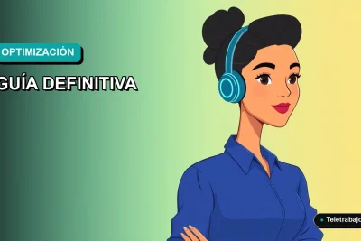 Ilustración plana corporativa de una mujer profesional de teletrabajo con blusa azul, sobre fondo degradado suave azul y verde agua.