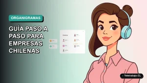 Ilustración plana corporativa de mujer profesional chilena trabajando de forma remota junto a un organigrama digital moderno en Excel, fondo con gradiente suave.