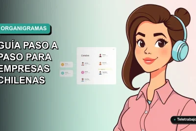 Ilustración plana corporativa de mujer profesional chilena trabajando de forma remota junto a un organigrama digital moderno en Excel, fondo con gradiente suave.