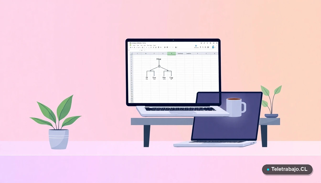 Escritorio moderno vacío con laptop mostrando un organigrama creado en Excel, ilustración plana estilo corporativo, fondo degradado lavanda.