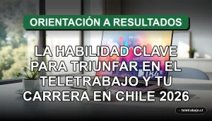 Oficina en casa moderna y minimalista con laptop y gráficos abstractos en pantalla, representando el teletrabajo eficiente en Chile.