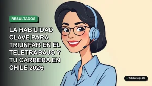 Ilustración vectorial plana de una mujer profesional chilena sonriendo, con blusa azul, representando el éxito en el teletrabajo con orientación a resultados. Fondo degradado suave vacío.