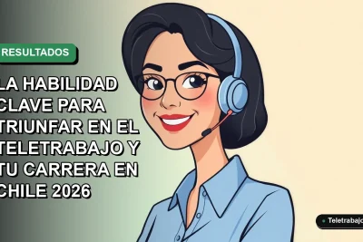 Ilustración vectorial plana de una mujer profesional chilena sonriendo, con blusa azul, representando el éxito en el teletrabajo con orientación a resultados. Fondo degradado suave vacío.