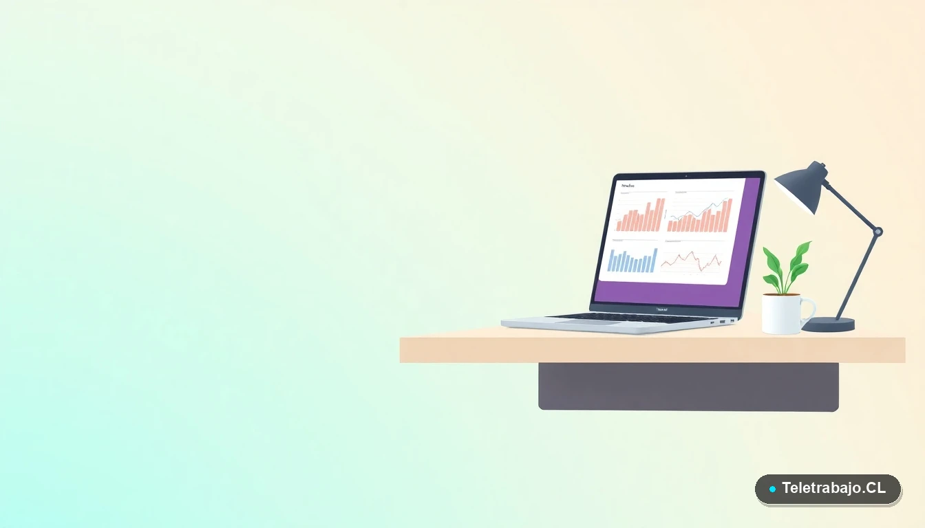 Escritorio moderno y minimalista para teletrabajo, con laptop, taza de café y planta, sobre fondo degradado de colores fríos. Ilustración vectorial plana.