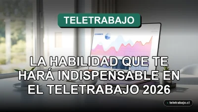 Oficina en casa moderna y minimalista con laptop y gráficos abstractos en pantalla, representando el teletrabajo eficiente.