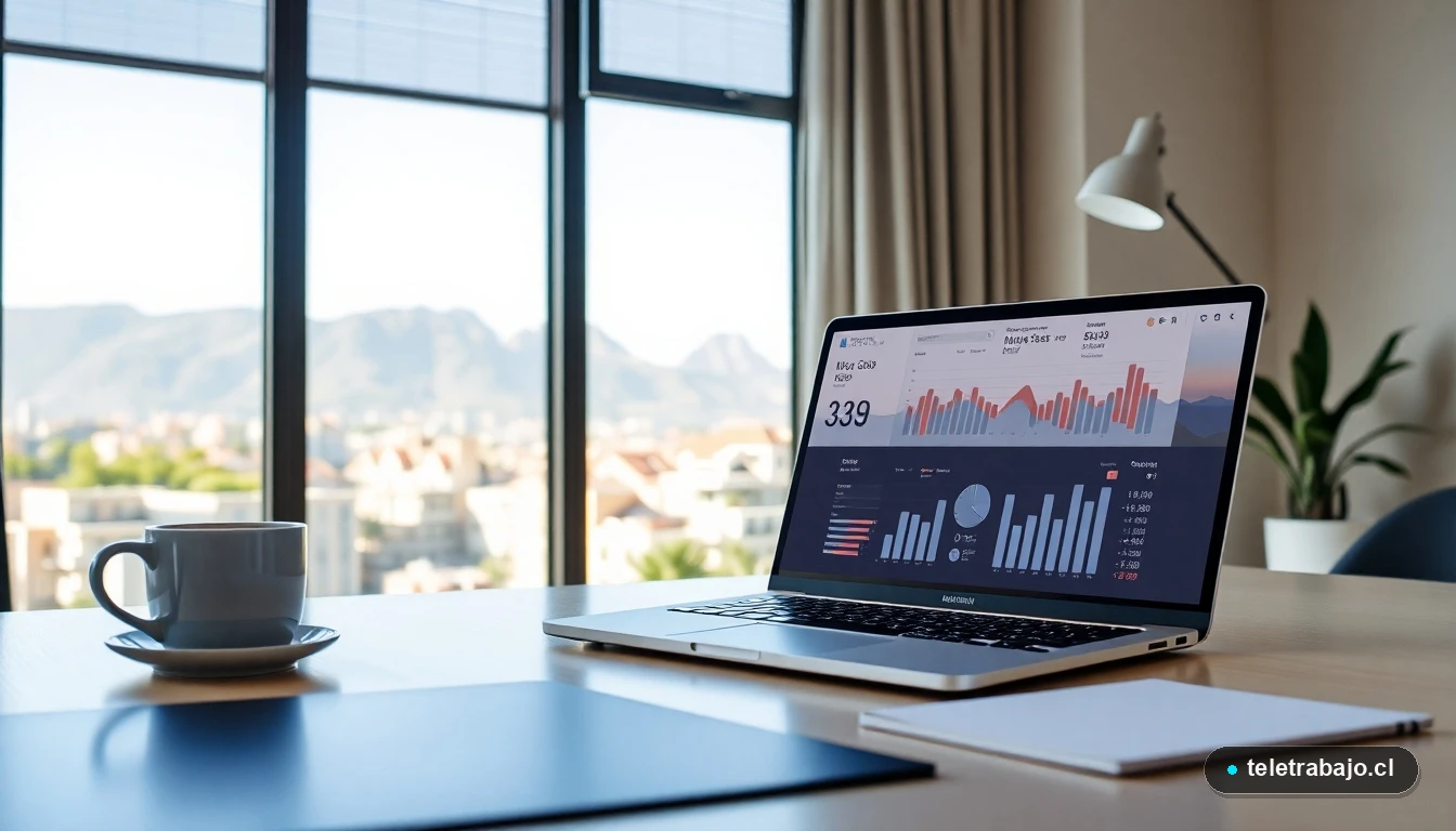 Oficina en casa moderna en Chile con dashboard de métricas y objetivos para teletrabajo productivo