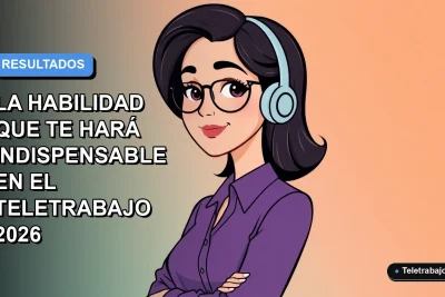 Ilustración plana de mujer profesional en teletrabajo, estilo corporativo moderno, con fondo degradado azul y naranja.