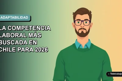 Ilustración vectorial plana de un trabajador masculino de tecnología, con suéter verde, mirando confiado hacia el futuro. Fondo con gradiente suave de color teal.