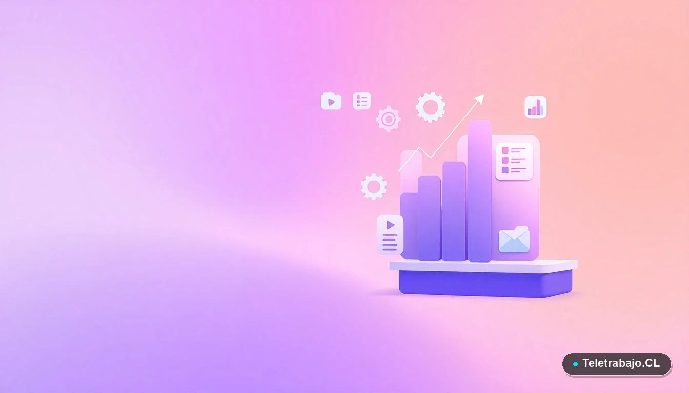 Elementos abstractos de interfaz de usuario tecnológica, con gráficos, engranajes y carpetas flotantes, sobre un fondo lavanda. Representación visual de la innovación y el cambio.
