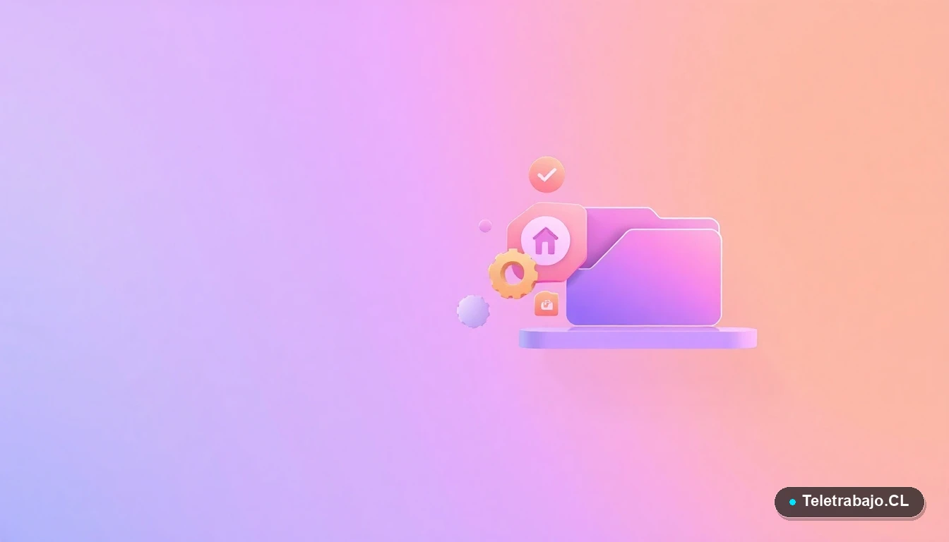 Composición abstracta de elementos de UI tecnológica: gráfico, engranaje y carpeta, sobre fondo degradado melocotón, concepto de innovación y datos para el trabajo del futuro.