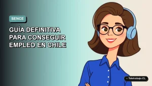 Ilustración plana vectorial de una mujer profesional chilena con blusa azul y lentes, representando la orientación laboral del SENCE 2026, sobre fondo degradado suave.