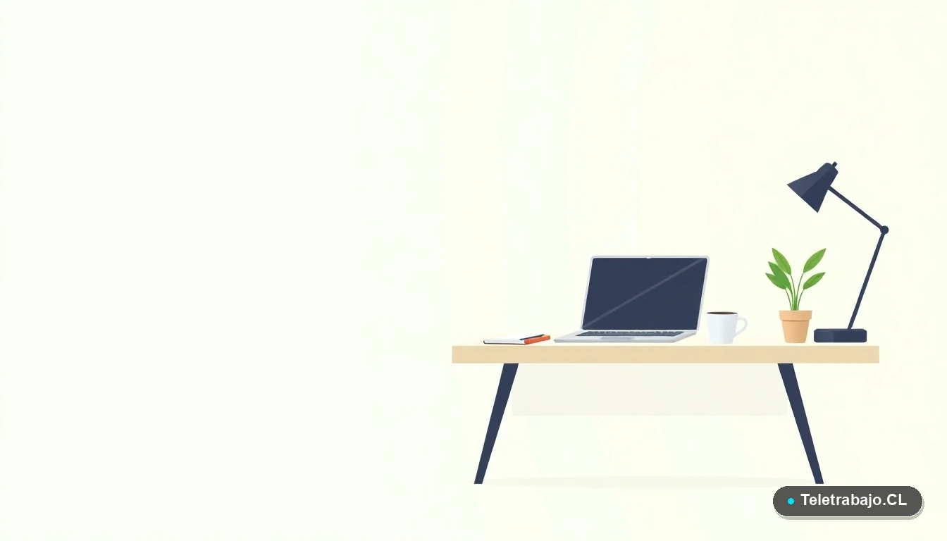 Escritorio moderno minimalista con laptop, cuaderno, taza de café y planta, ilustración plana para artículo sobre capacitación laboral SENCE.