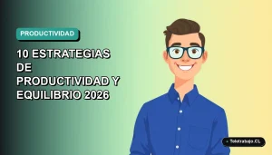 Ilustración vectorial plana de un padre trabajador remoto sonriente, con camisa azul y lentes, sobre fondo degradado verde azulado. Espacio negativo a la izquierda.