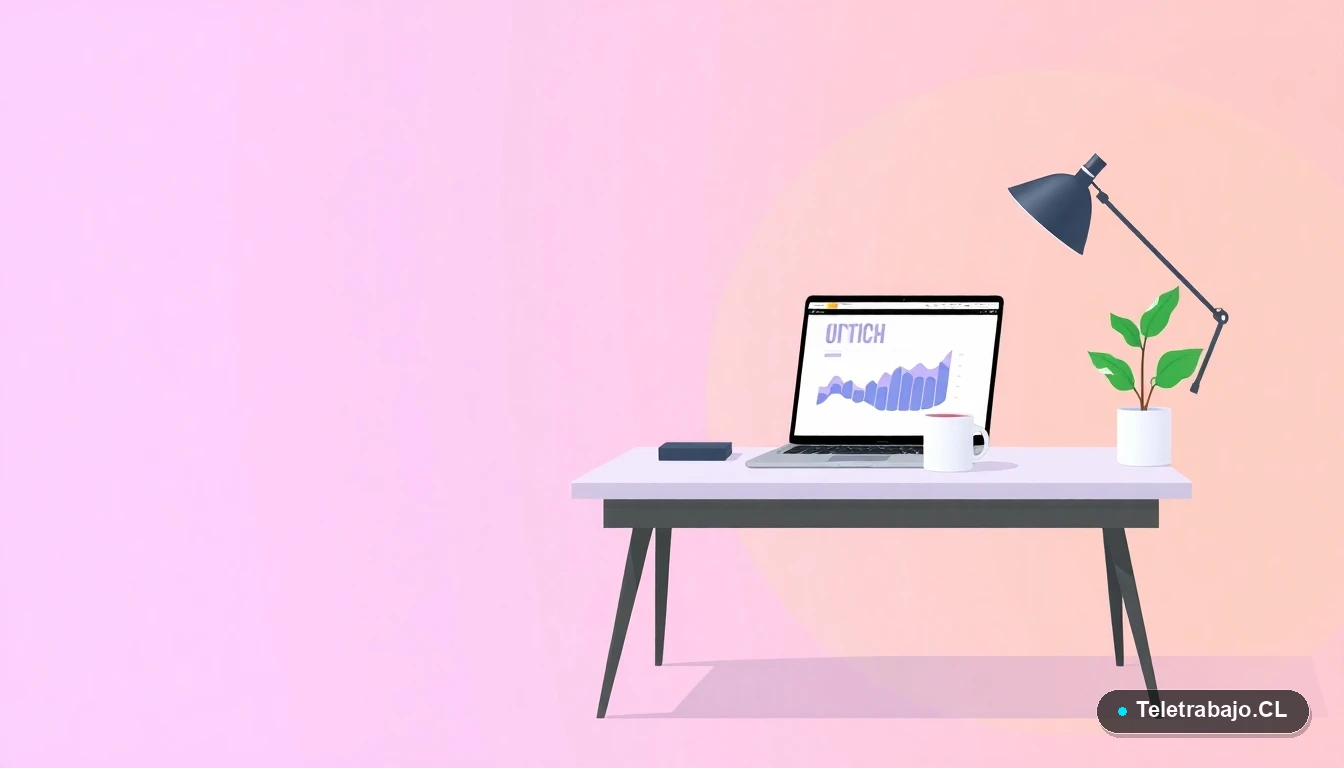 Escritorio moderno minimalista para teletrabajo con laptop, planta y taza de café, sobre fondo degradado lavanda y durazno. Concepto de espacio de trabajo productivo.