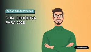 Ilustración plana corporativa de un trabajador remoto masculino con suéter verde, sobre un fondo degradado azul verdoso. Espacio negativo a la izquierda.