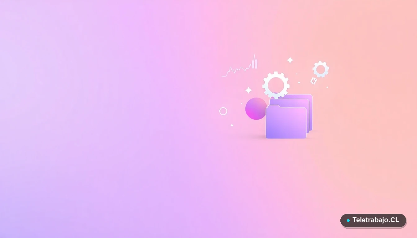 Composición abstracta de interfaz de usuario con gráficos flotantes y iconos de engranaje y carpeta, sobre un fondo degradado lila y durazno, en estilo ilustración vectorial plana moderna.
