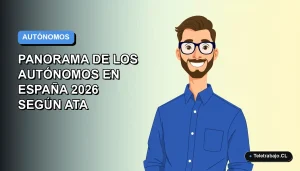 Ilustración vectorial plana de un trabajador autónomo masculino con camisa azul, sobre fondo degradado azul y blanco.