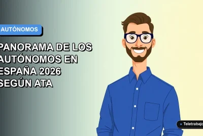 Ilustración vectorial plana de un trabajador autónomo masculino con camisa azul, sobre fondo degradado azul y blanco.