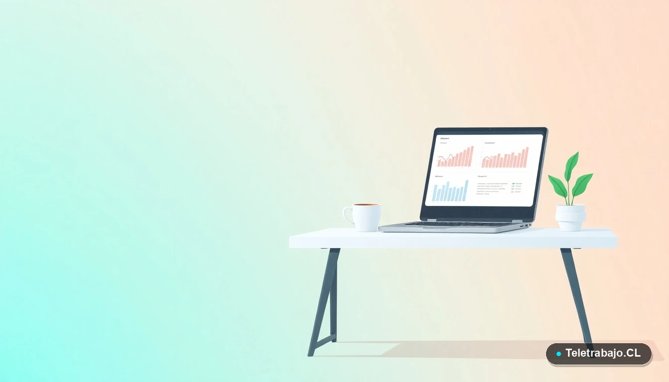 Escritorio moderno minimalista para teletrabajo con laptop, taza de café y planta, sobre fondo degradado verde azulado.