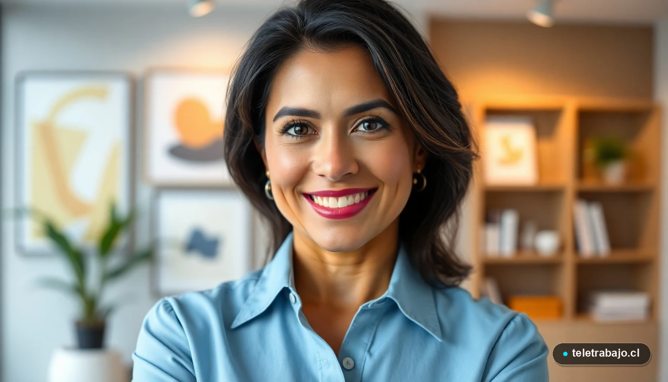 Retrato profesional de una mujer hispana autónoma, sonriendo con confianza en una oficina moderna desenfocada.