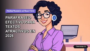 Ilustración plana corporativa de una profesional remota sonriente junto a un escritorio moderno, sobre fondo degradado lavanda suave. Concepto de redacción y parafraseo efectivo.