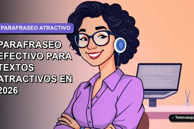 Ilustración plana corporativa de una profesional remota sonriente junto a un escritorio moderno, sobre fondo degradado lavanda suave. Concepto de redacción y parafraseo efectivo.