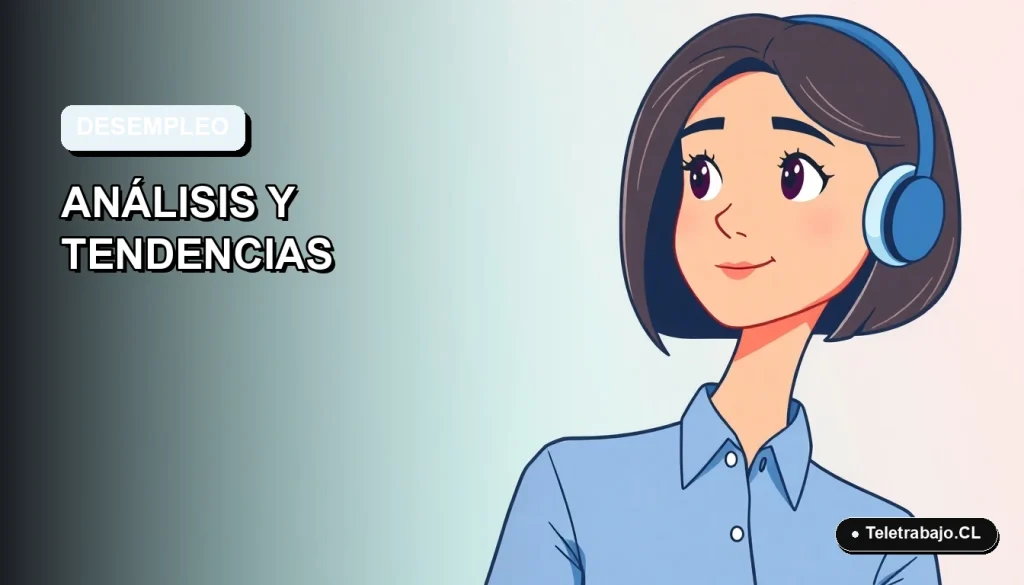 Ilustración vectorial plana de una mujer profesional de teletrabajo con camisa azul, sobre fondo degradado azul claro, representando análisis de desempleo.
