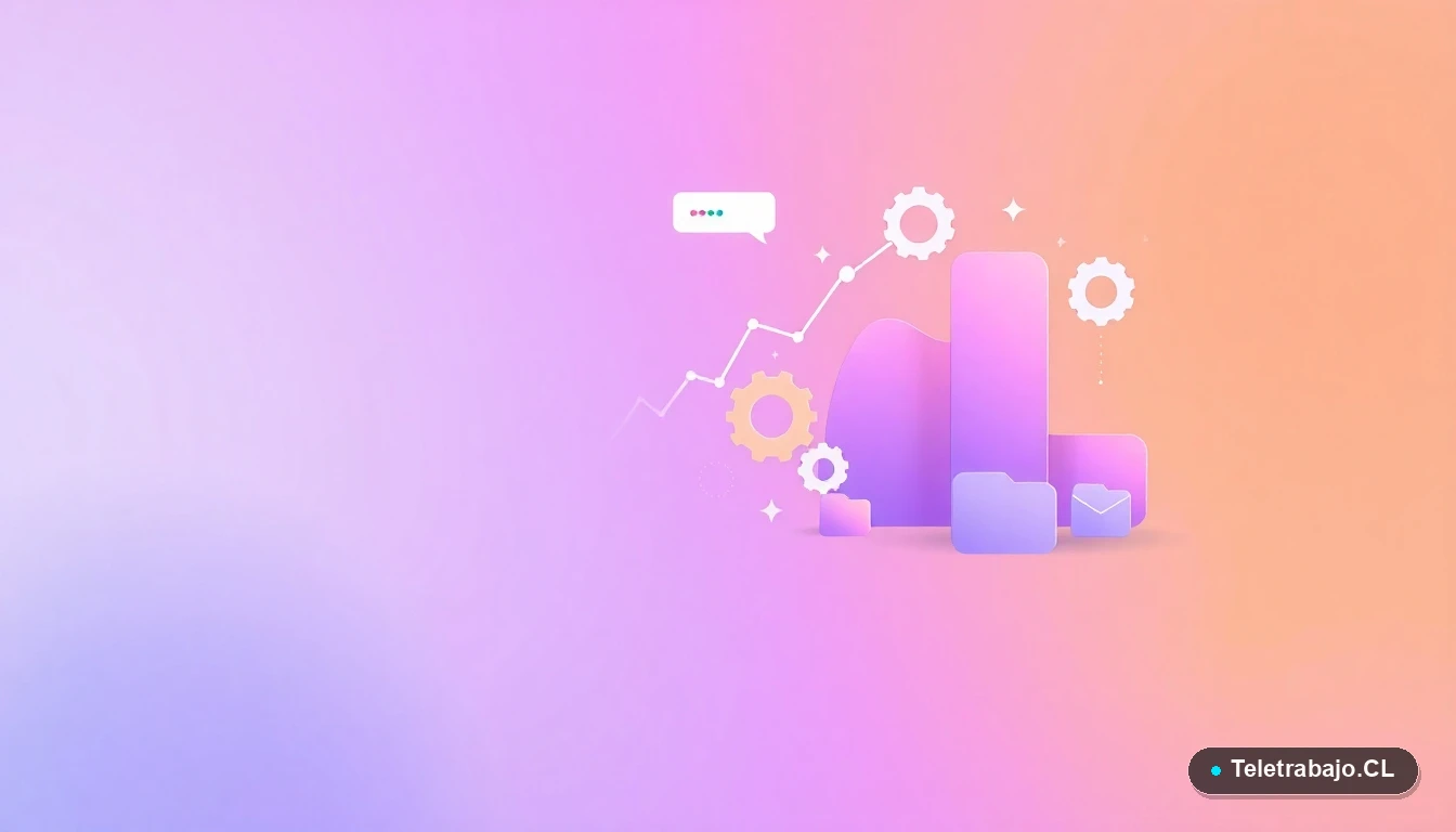 Composición abstracta de interfaz de usuario con gráficos flotantes y engranajes estilizados en tonos lavanda y durazno, sobre fondo degradado.