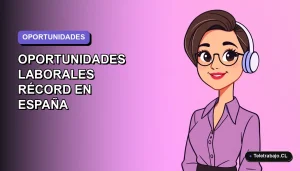 Ilustración vectorial plana de una mujer profesional trabajando de forma remota, con fondo degradado suave, representando oportunidades de empleo en España.