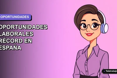 Ilustración vectorial plana de una mujer profesional trabajando de forma remota, con fondo degradado suave, representando oportunidades de empleo en España.