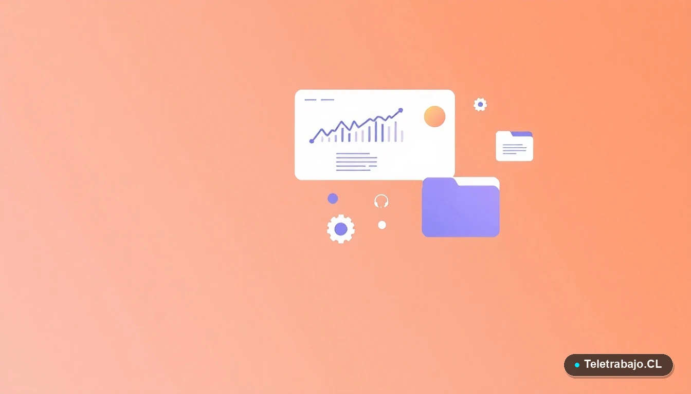 Composición abstracta de interfaz de usuario con gráficos y iconos flotantes, en estilo vectorial plano sobre fondo degradado, representando datos y tecnología.