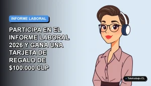 Ilustración plana corporativa de una mujer profesional de teletrabajo, fondo degradado azul y gris, espacio negativo a la izquierda.