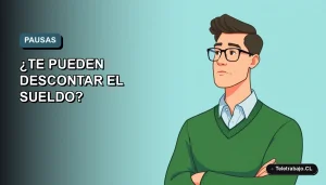 Ilustración vectorial plana de trabajador masculino con suéter verde mirando pensativo, fondo degradado azul grisáceo, concepto de pausas laborales en Chile.