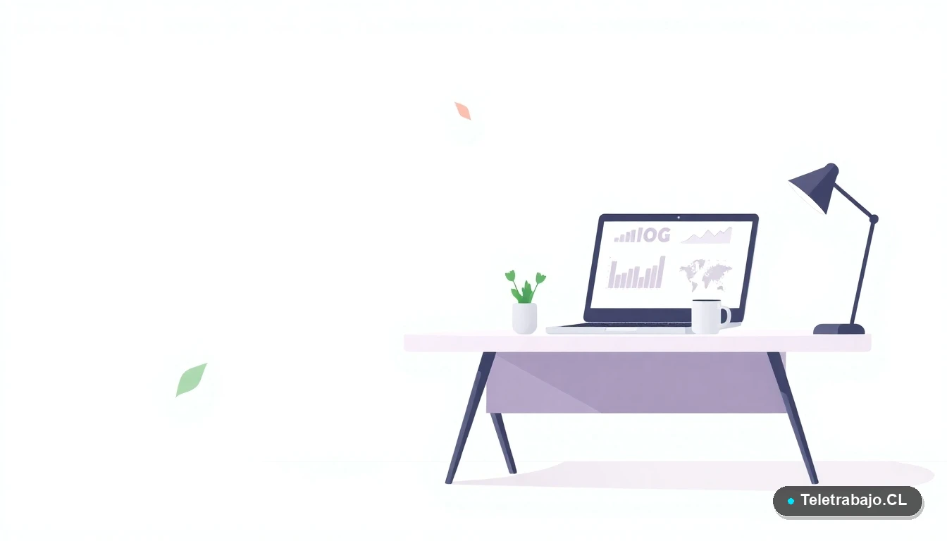 Escritorio moderno vacío con laptop, planta y taza de café en estilo ilustración vectorial plana, fondo degradado verde menta, concepto de espacio de trabajo y productividad.