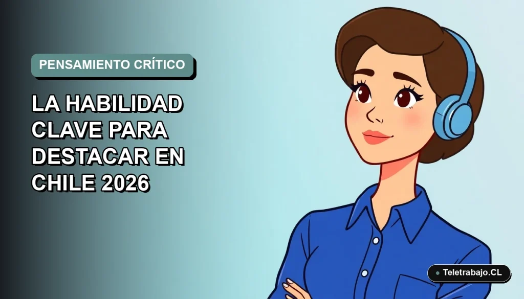 Ilustración vectorial plana de una mujer profesional chilena con blusa azul, representando el pensamiento crítico en un entorno de trabajo moderno con fondo degradado.