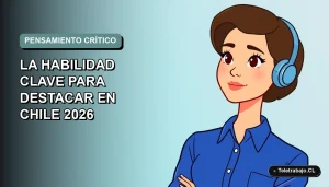 Ilustración vectorial plana de una mujer profesional chilena con blusa azul, representando el pensamiento crítico en un entorno de trabajo moderno con fondo degradado.